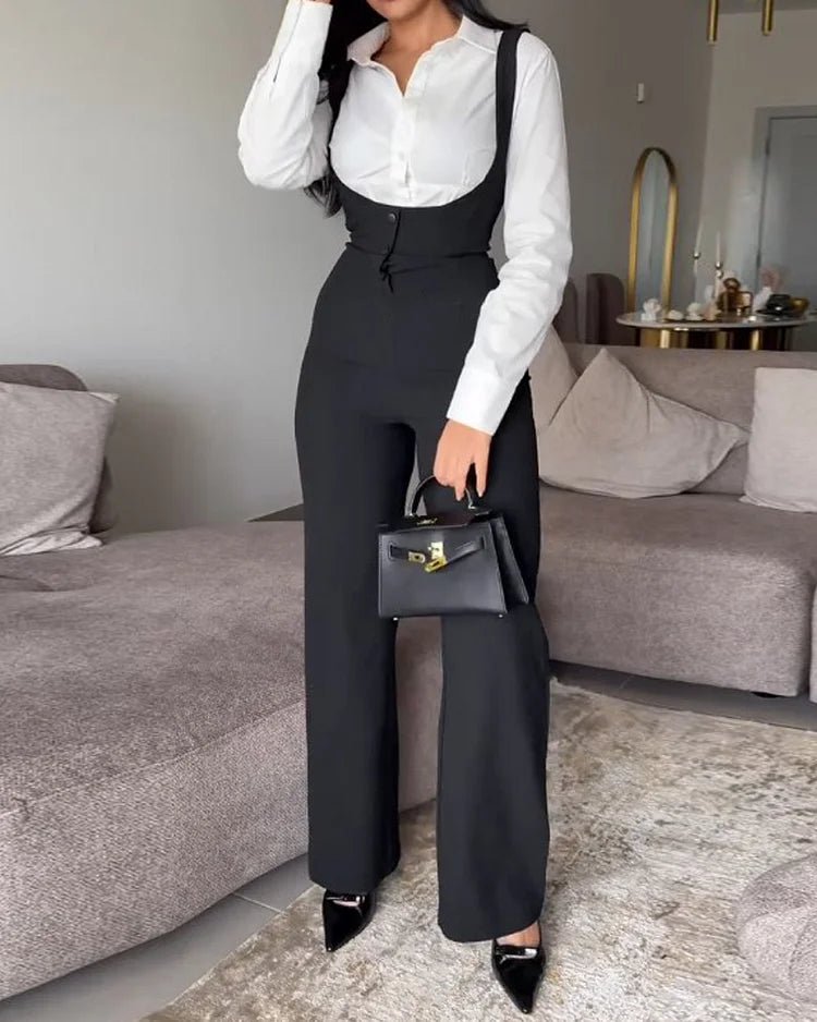 Lapel Blouse & Suspender Jumpsuit Set