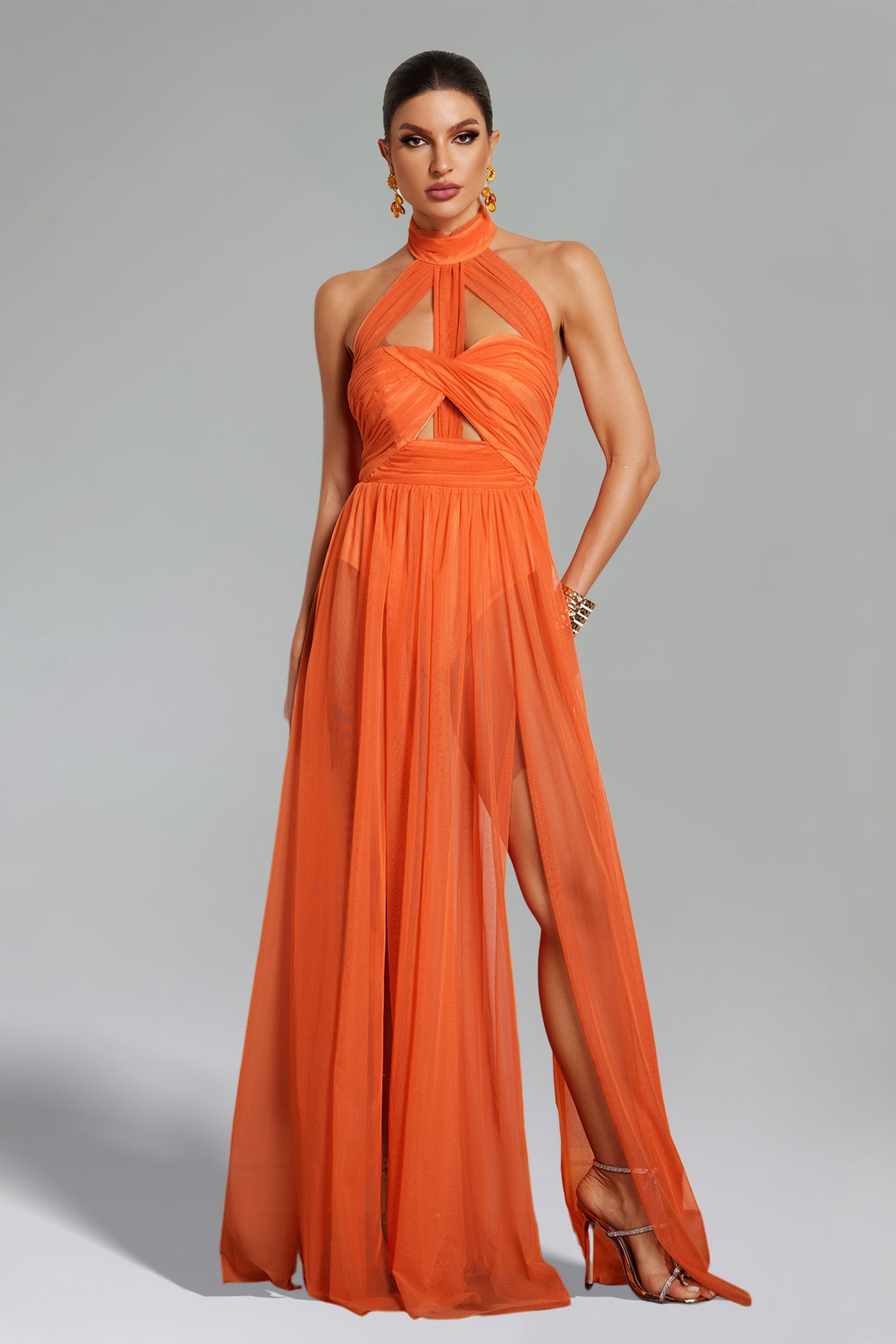 Halterneck Twist Mesh Maxi Dress