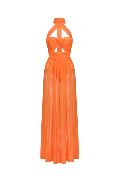 Halterneck Twist Mesh Maxi Dress