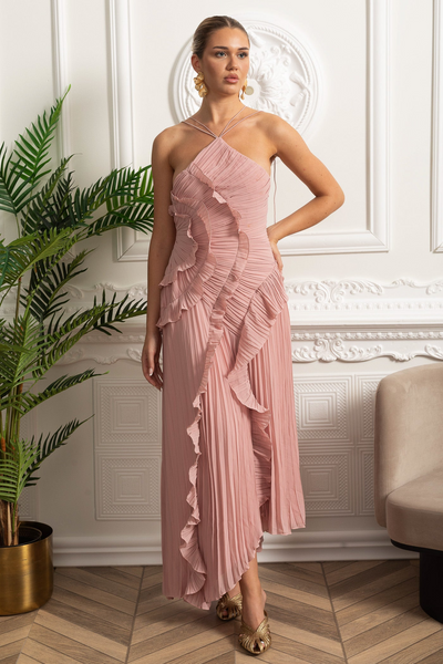 Vestido midi plisado con detalles de volantes en cascada