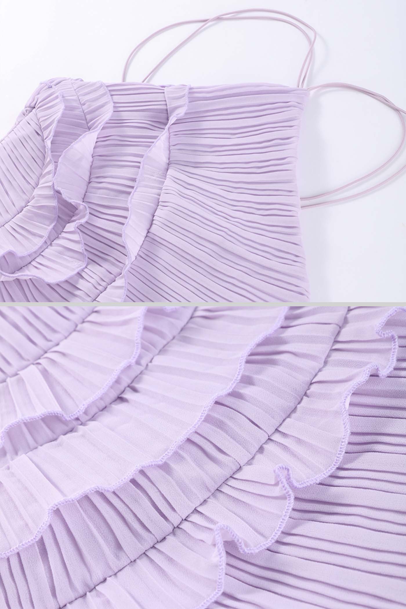 Vestido midi plisado con detalles de volantes en cascada