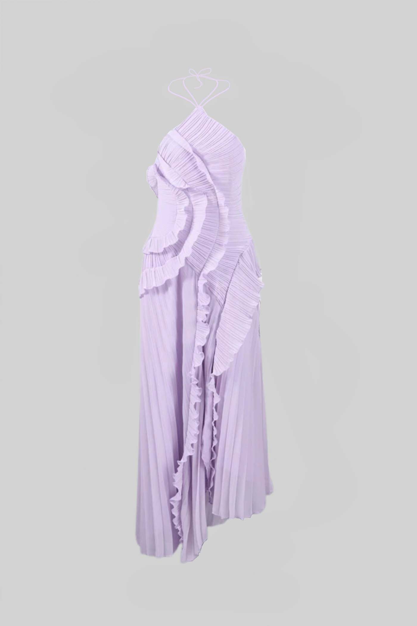 Vestido midi plisado con detalles de volantes en cascada