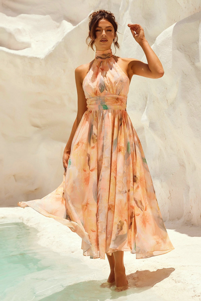 Amaya Flor — Vestido Midi con Estampado Acuarela y Halter Elegante