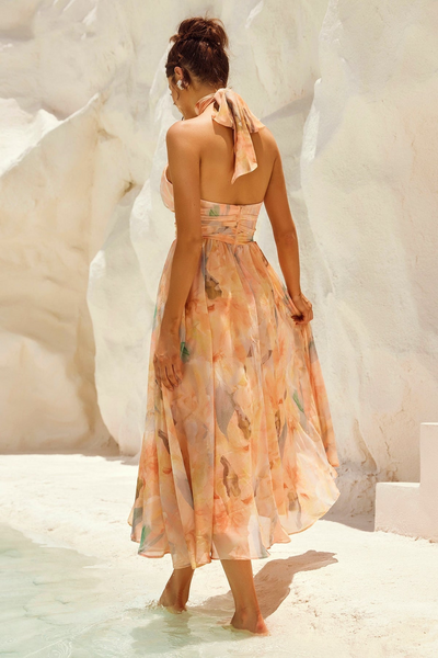 Amaya Flor — Vestido Midi con Estampado Acuarela y Halter Elegante