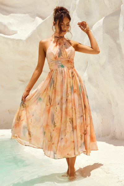 Amaya Flor — Vestido Midi con Estampado Acuarela y Halter Elegante