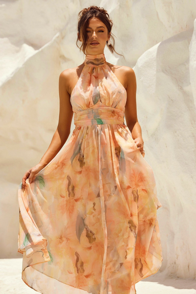 Amaya Flor — Vestido Midi con Estampado Acuarela y Halter Elegante