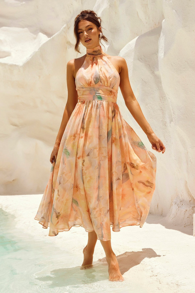 Amaya Flor — Vestido Midi con Estampado Acuarela y Halter Elegante