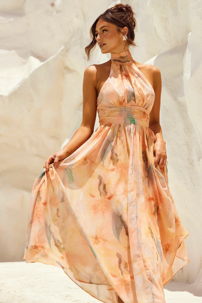Amaya Flor — Vestido Midi con Estampado Acuarela y Halter Elegante
