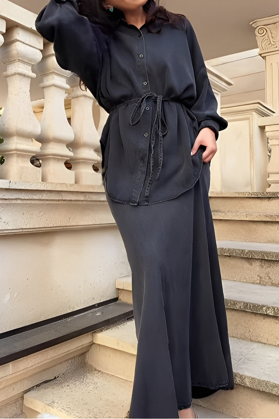 Lavella | Conjunto de camisa y falda de manga larga con cordón ajustable