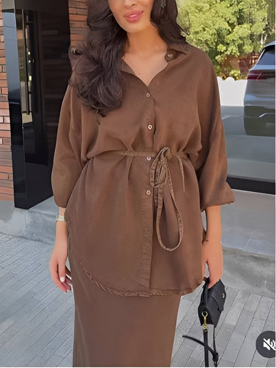 Lavella | Conjunto de camisa y falda de manga larga con cordón ajustable