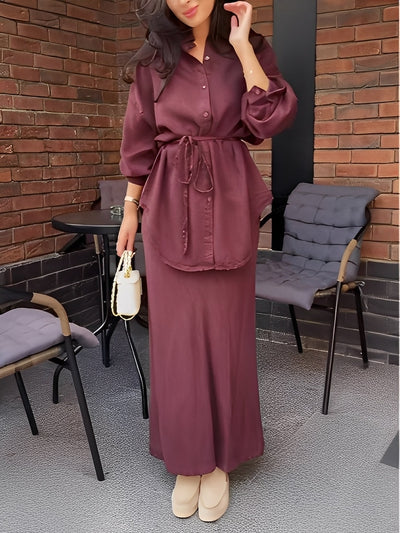Lavella | Conjunto de camisa y falda de manga larga con cordón ajustable