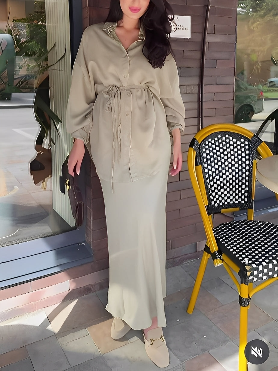Lavella | Conjunto de camisa y falda de manga larga con cordón ajustable