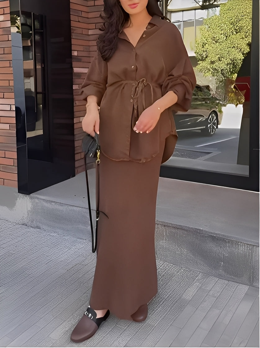 Lavella | Conjunto de camisa y falda de manga larga con cordón ajustable