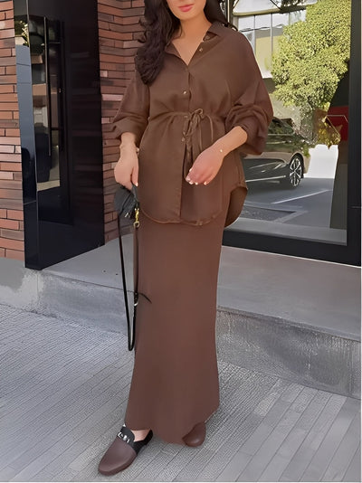 Lavella | Conjunto de camisa y falda de manga larga con cordón ajustable