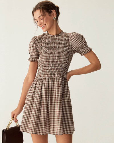 Canela | Vestido mini con mangas abullonadas y estampado de cuadros cafés
