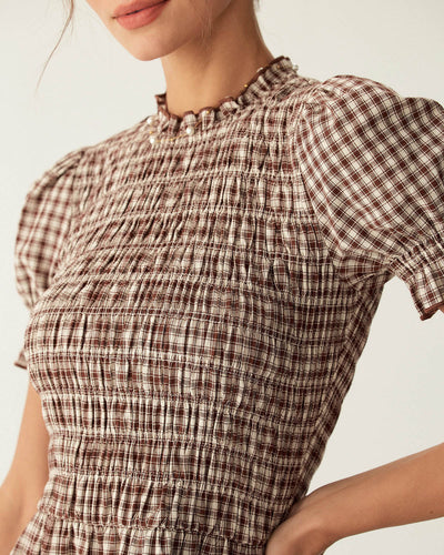Canela | Vestido mini con mangas abullonadas y estampado de cuadros cafés