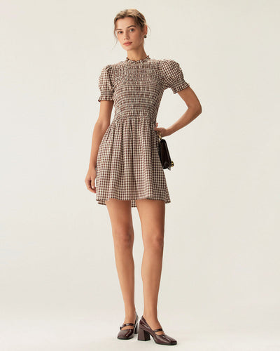 Canela | Vestido mini con mangas abullonadas y estampado de cuadros cafés